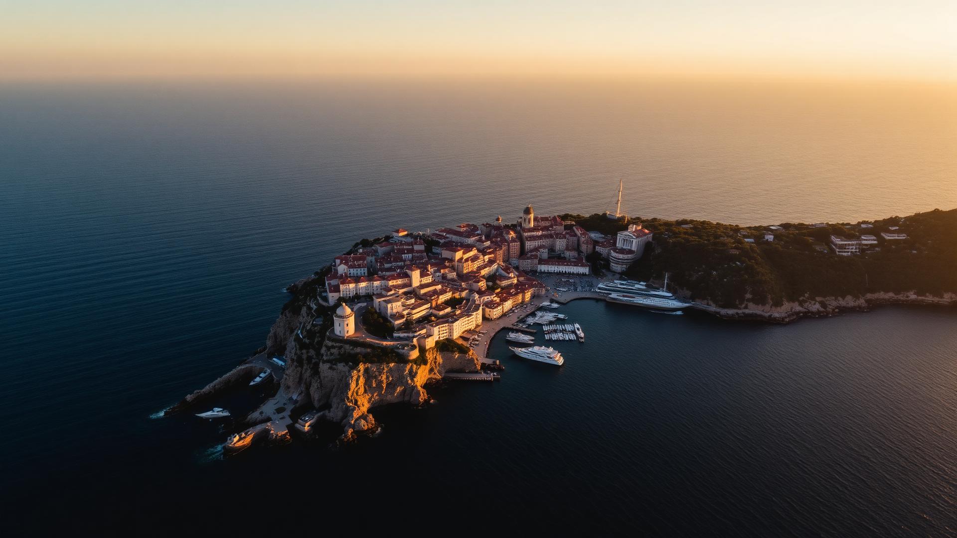 Coastal town at golden hour seen from above